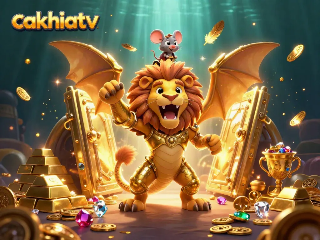 CakhiaTV casino featuring a chimera roaring with golden treasures amidst a dramatic background
