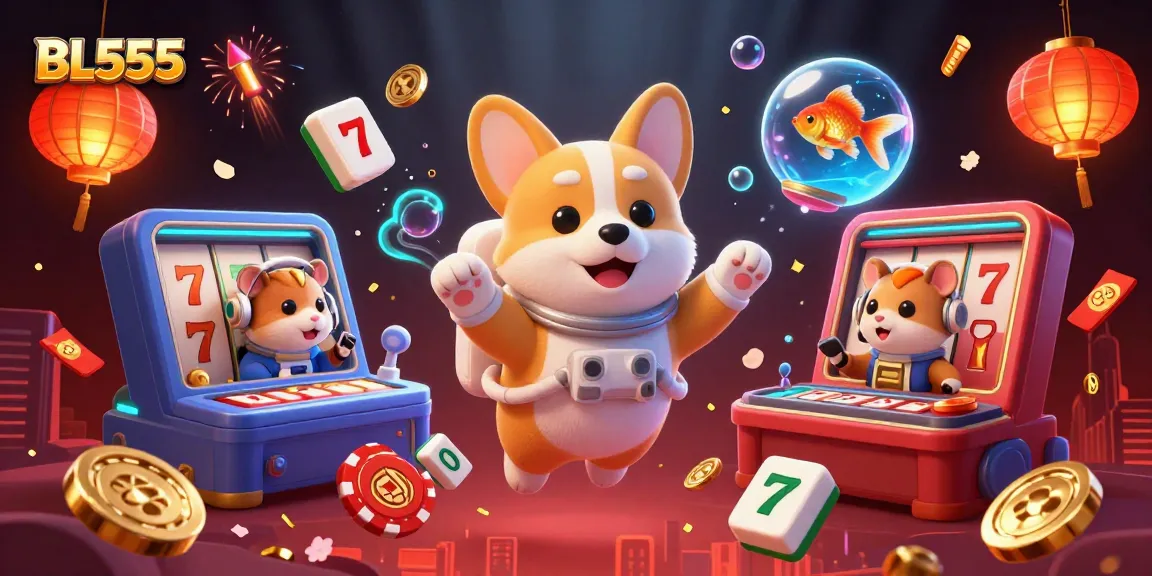 Experience thrilling gaming at BL555 casino with a vibrant scene featuring floating characters and captivating elements.