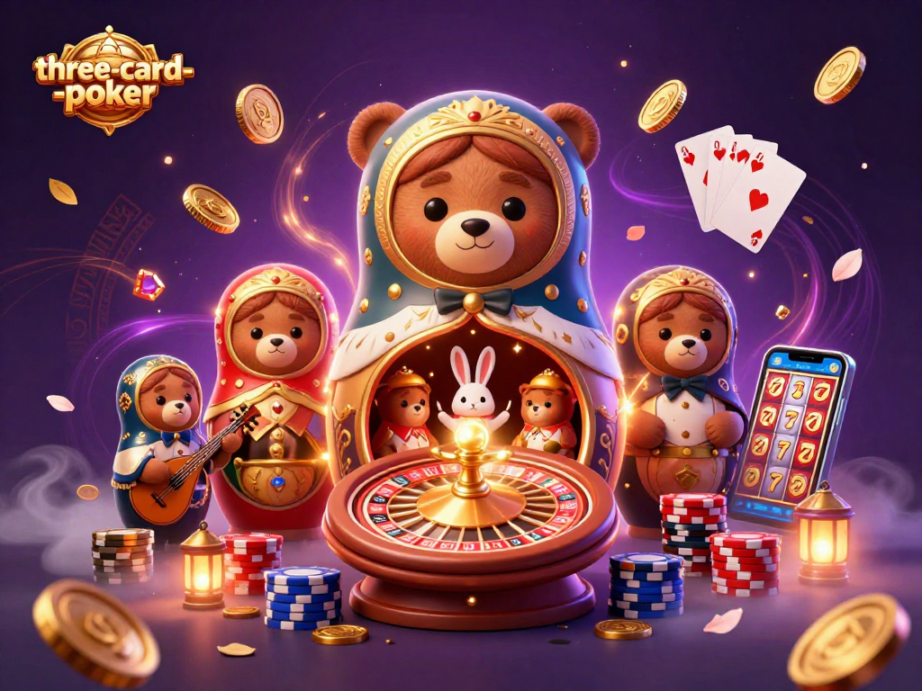 Engage in the thrilling three-card-poker experience surrounded by casino elements and festive atmosphere.