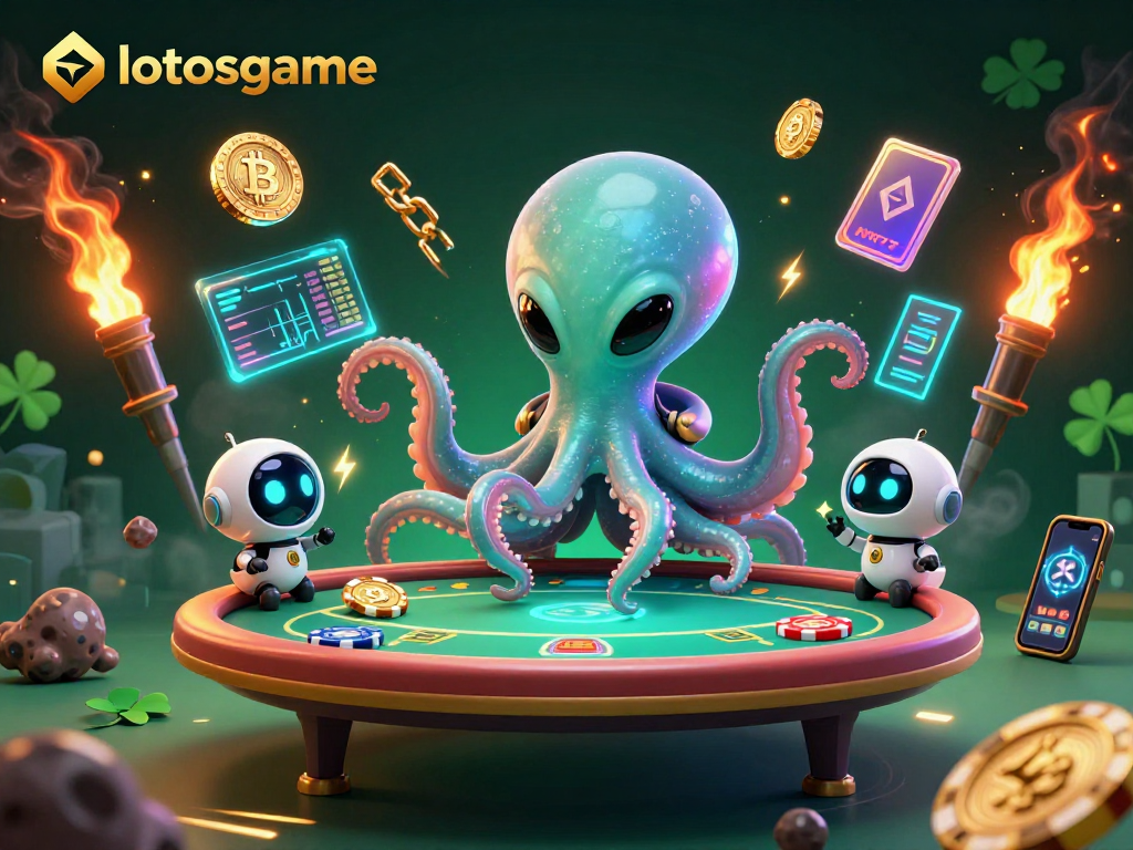 Engage in thrilling gameplay with lotosgame, where alien octopus deals poker in a vibrant cosmic setting.