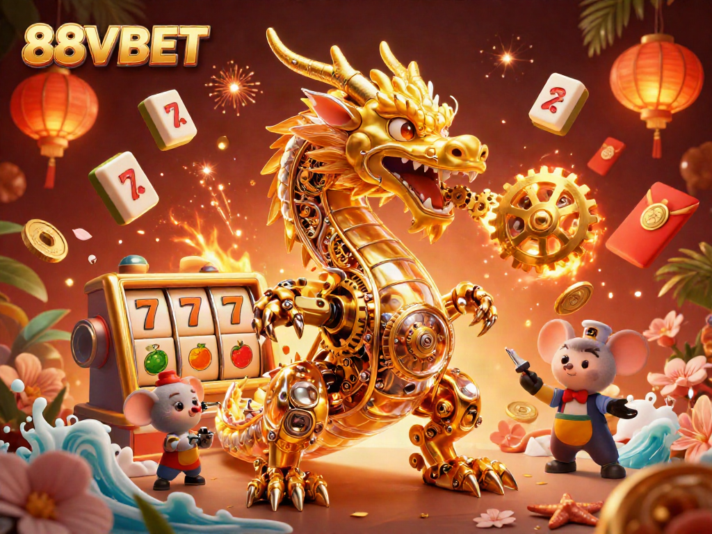 Engage in thrilling gaming with 88VBET as a golden dragon breathes gears surrounded by vibrant slot and casino elements