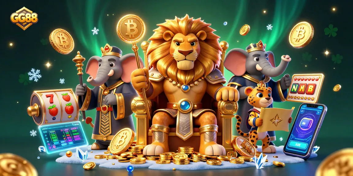 GG88 engages players with a fierce lion king and vibrant casino elements in a dynamic 3D illustration.
