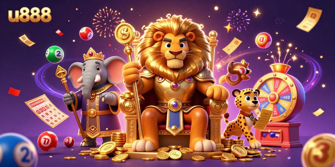 Engage in thrilling gameplay at u888 with a majestic lion king and vibrant casino elements.
