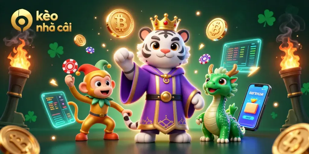 Engage with kèo nhà cái strategies in a lively 3D casino scene featuring a royal tiger and jester monkey.