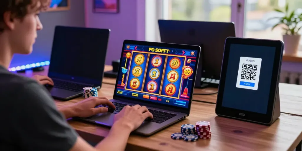 Exciting gaming moment featuring slot thailand gameplay on a laptop with vibrant graphics.