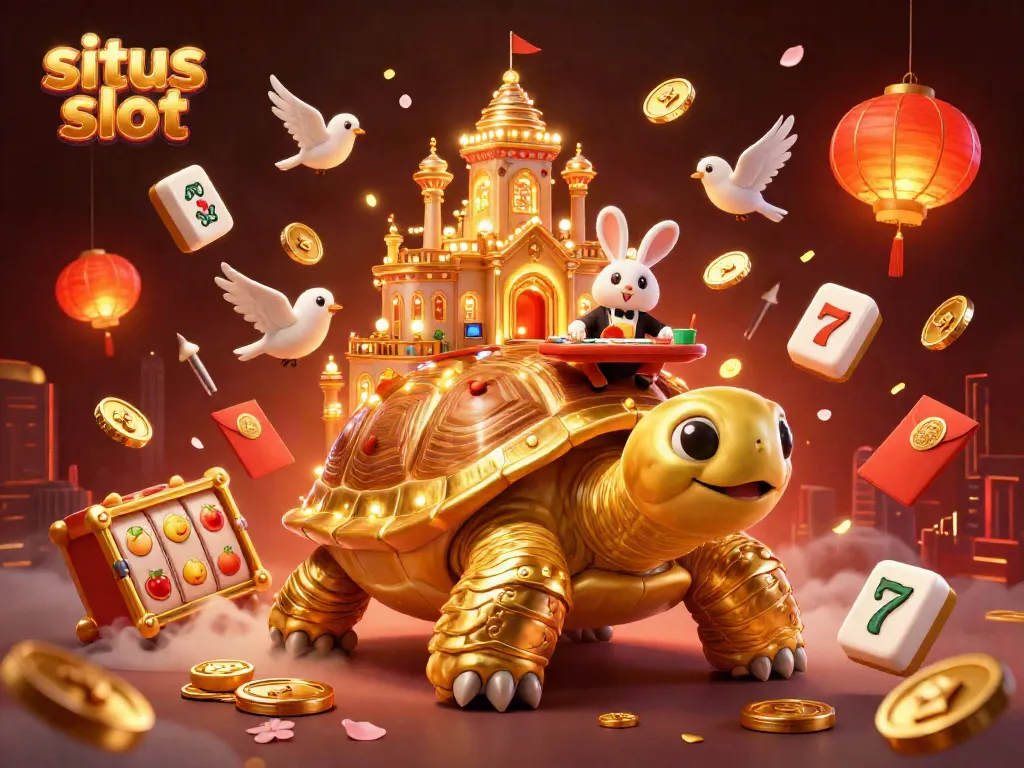 Menghadirkan situs slot dengan karakter unik, dealer kelinci, dan koin emas melayang, ilustrasi 3D menarik.