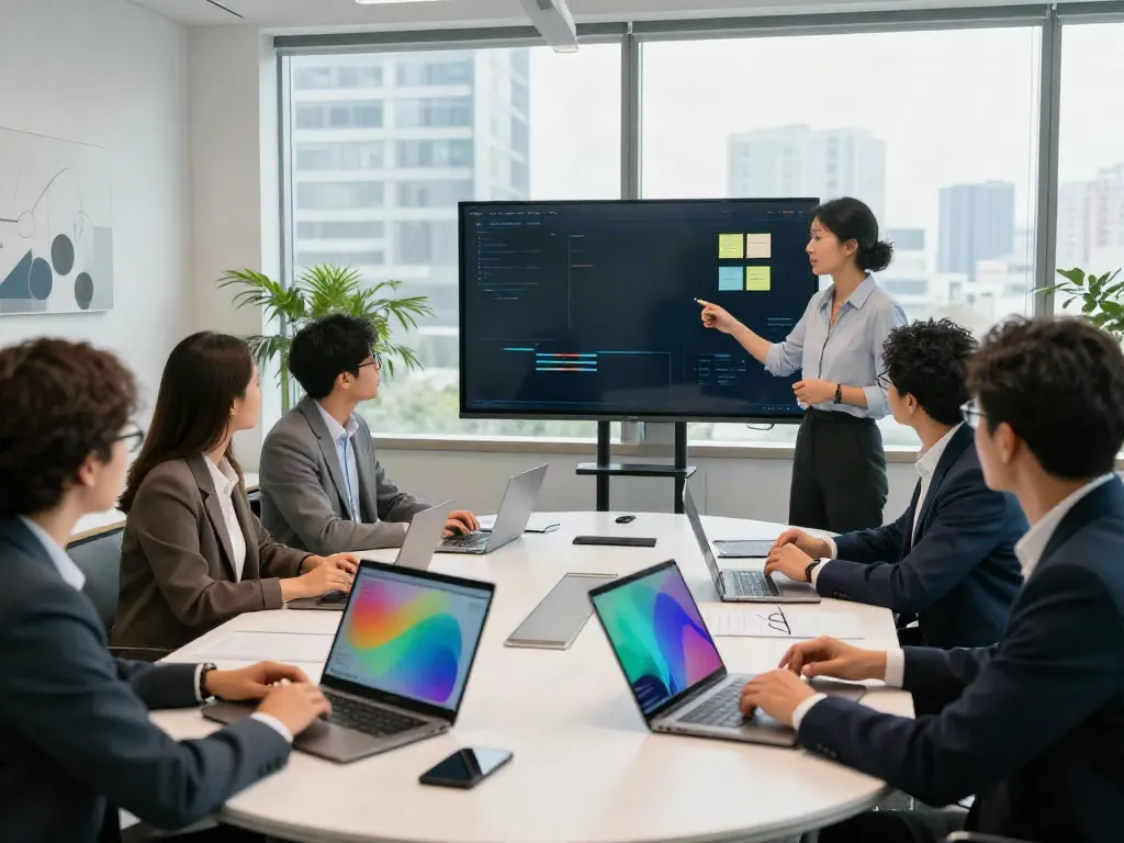 Team discussing business strategies while presenting data, click this over here now for insights.