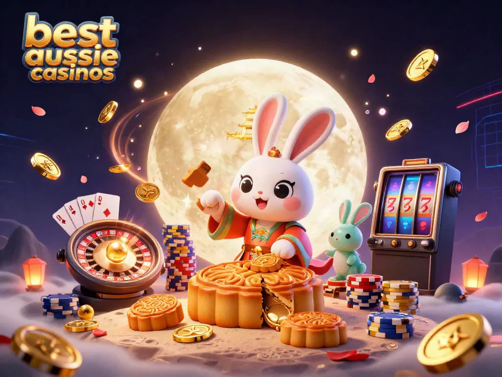 Experience the best aussie casinos with a vibrant scene of moon rabbits and casino elements.