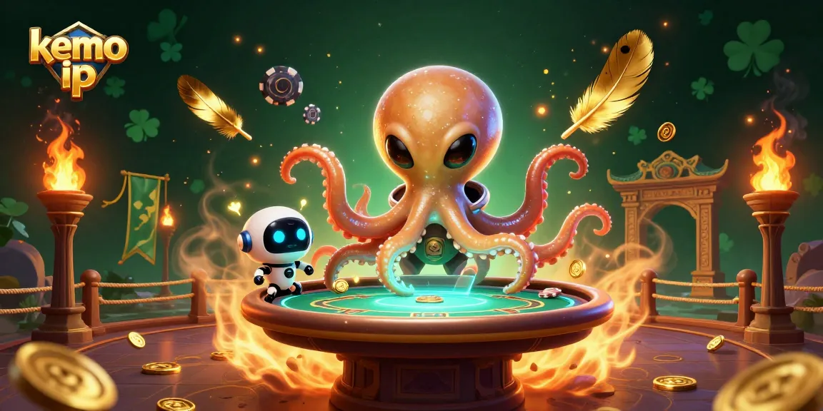 Kemo ip offers a thrilling 3D poker experience with an alien octopus and robot in a vibrant casino scene.