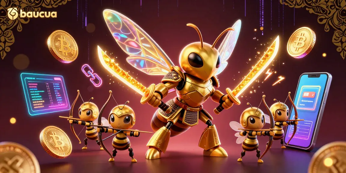 Baucua presents an exciting 3D illustration of a gaming adventure with vibrant golden characters and cryptocurrency, showcasing the thrill of online gambling.