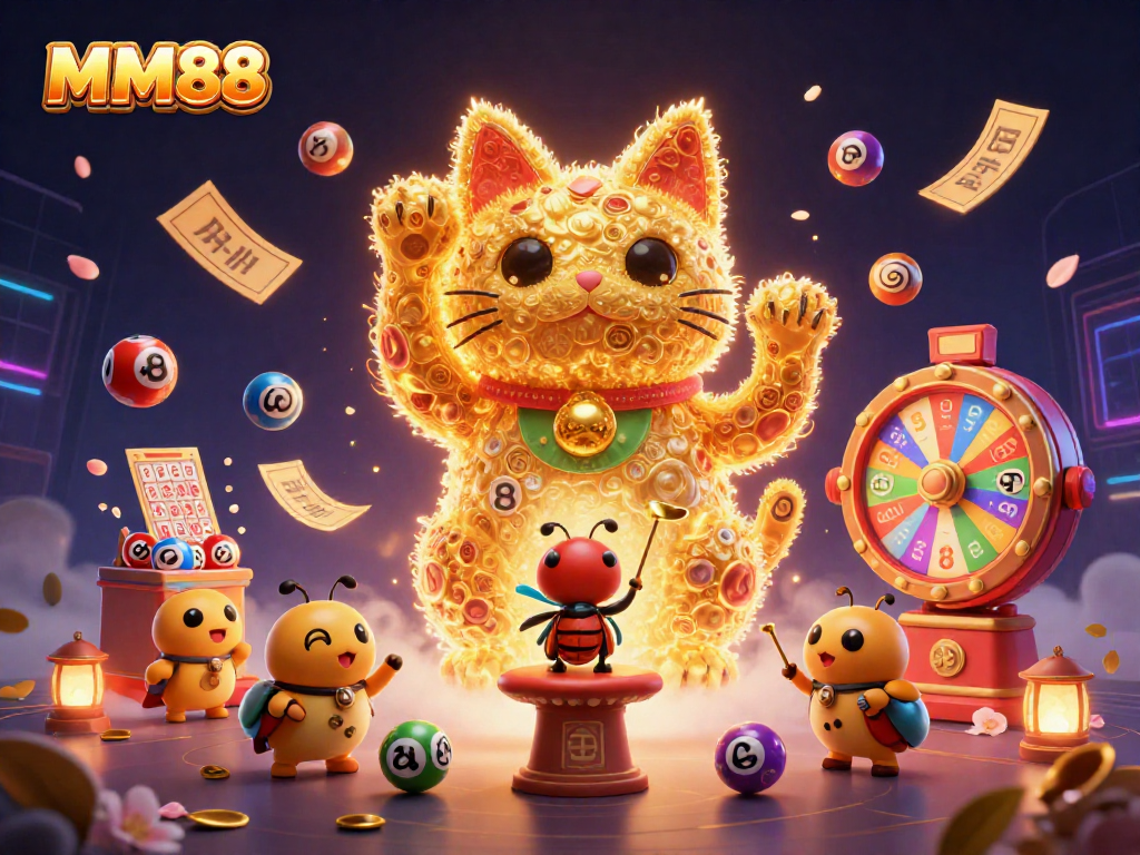 Experience the excitement of MM88 with vibrant lottery balls and a lucky cat, perfect for online gaming.