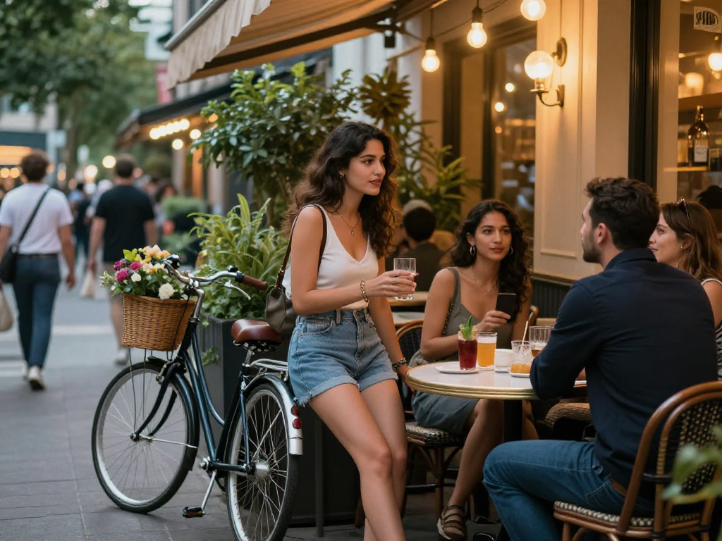 Gái gọi trò chuyện với khách hàng tại quán cà phê ngoài trời, không khí ấm cúng và hiện đại.