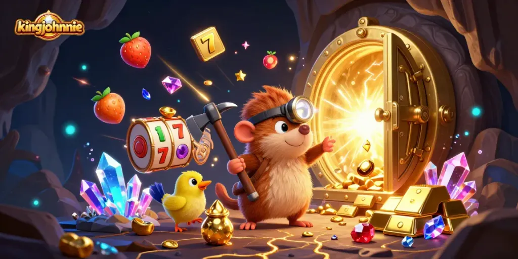 Experience the excitement of kingjohnnie's gaming world with treasure hunting scene featuring vibrant casino elements.