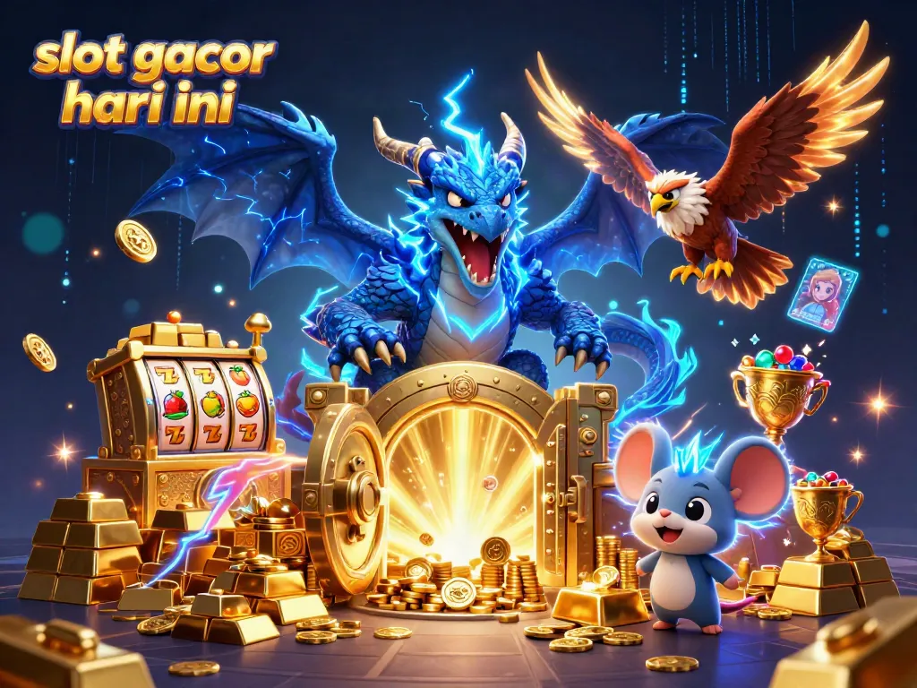 Engage in thrilling slot gacor hari ini with a captivating scene featuring vibrant dragons, treasures, and slot reels.