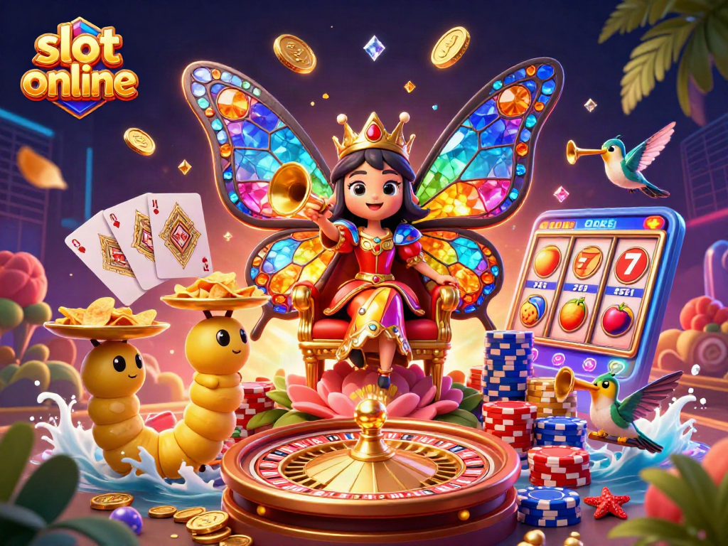 Engage with slot online excitement, featuring a vibrant 3D butterfly queen surrounded by winning elements