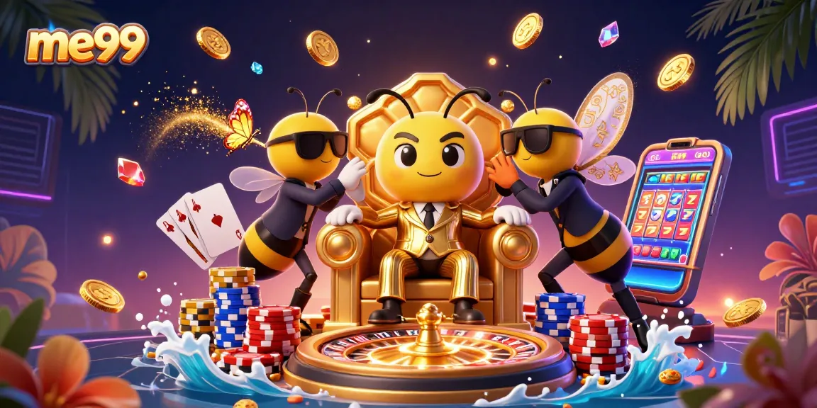 Engage with me99's exciting online casino vibes, featuring a bumblebee boss amidst vibrant gaming elements.