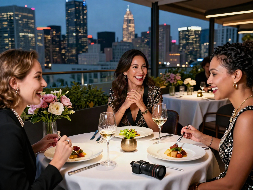 Pengalaman mewah luxury111 di restoran rooftop dengan hidangan gourmet dan suasana malam yang elegan.