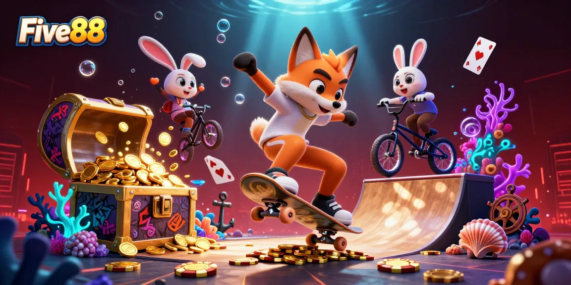 Five88 brings excitement with a skateboarder fox over golden poker chips in a vibrant casino-themed illustration.