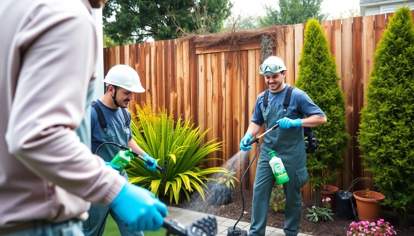 Professionals performing Fence Cleaning on a wooden fence in a suburban setting.