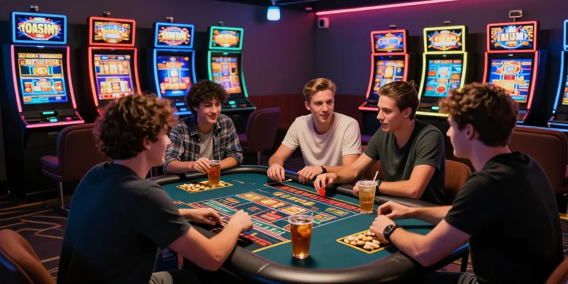Friends strategizing for 777 slot games in a vibrant gaming lounge