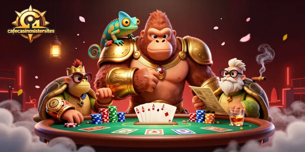 Engage with cafecasinosistersites in this dynamic gaming scene featuring a gorilla, chameleon, and tortoise.