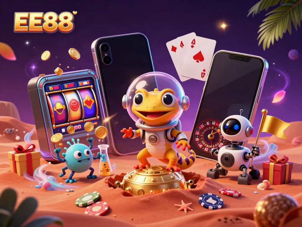 Experience EE88's thrilling golden casino adventure in a vibrant Martian landscape.
