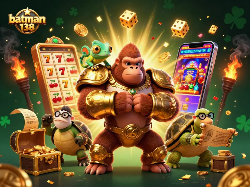 Spin jackpots with batman138 as a gorilla king and spy chameleon raise the stakes in a vibrant casino.
