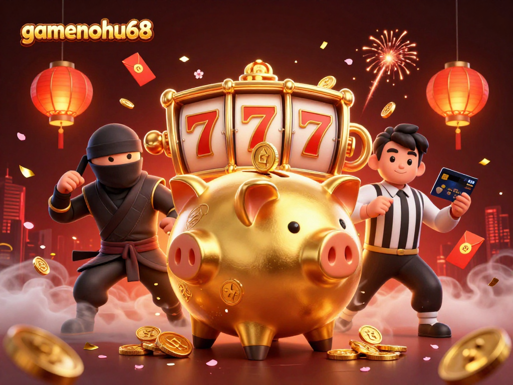 gamenohu68 showcases a dynamic golden piggy bank sumo wrestler and lively casino elements