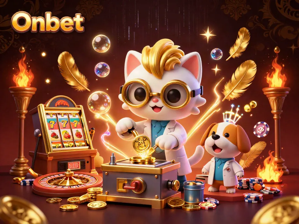 Onbet features a 3D cartoon mad scientist cat and dog in a dynamic casino-themed illustration, surrounded by gold coins and slot machines.