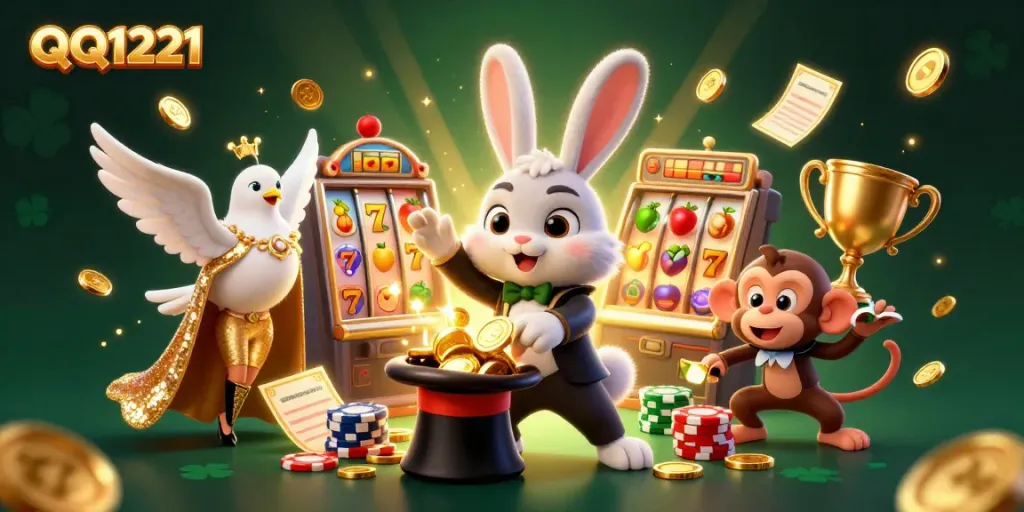 Engage with QQ1221 in this vibrant casino illustration featuring a magician and dynamic slot elements.