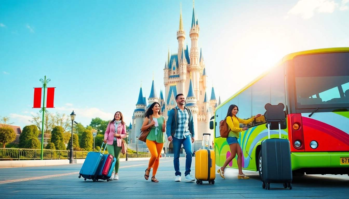 Family joyfully embarking on their journey from disneyland paris to airport.