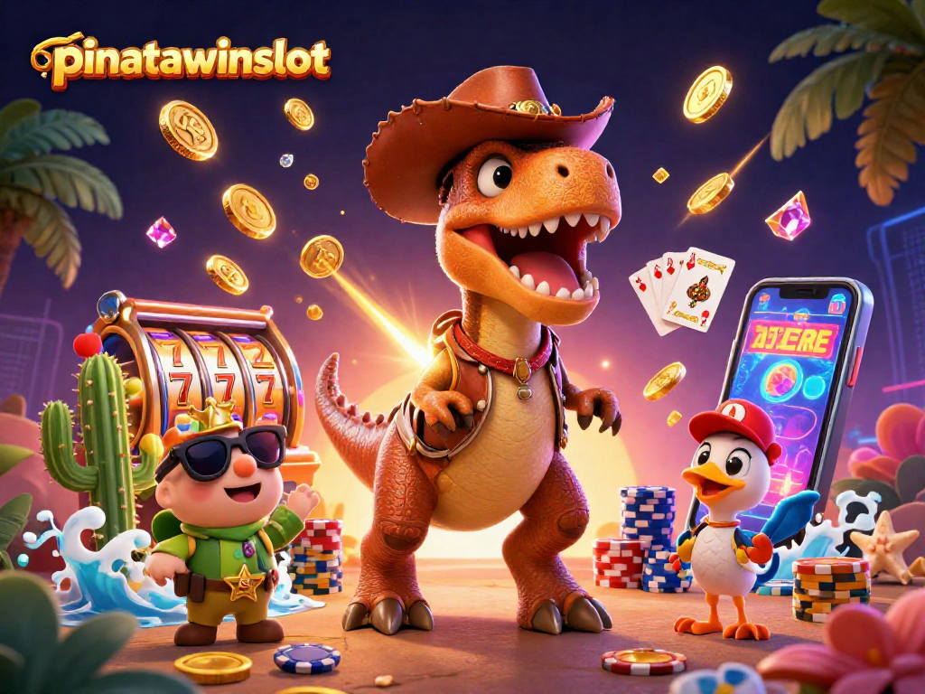 Experience the excitement of pinatawinsslot with a vibrant 3D illustration of playful characters and dynamic casino elements.