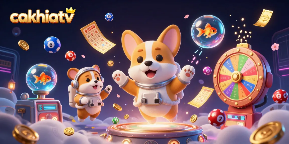 Cakhiatv features a vibrant scene with a 3D astronaut corgi in a casino, lottery balls, and dynamic game elements.