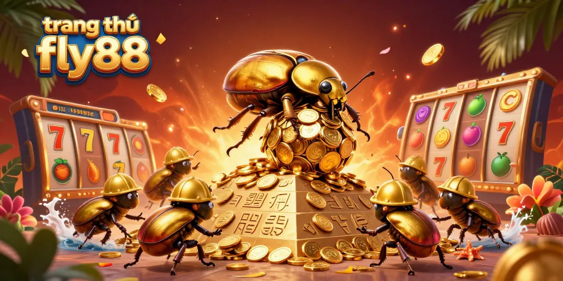 Experience the vibrant dynamic scene at trang chủ fly88, where golden beetles roll coins and slot elements captivate players.