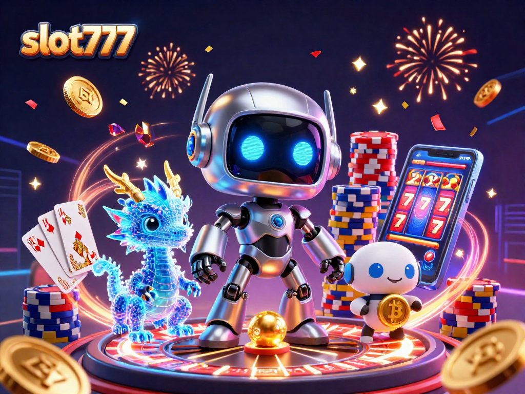 Experience the thrill of slot777 with vibrant, animated casino elements and festive characters.