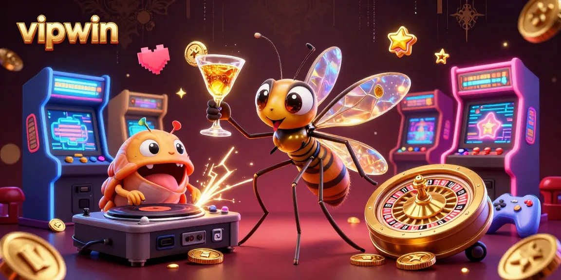 Lively vipwin casino illustration featuring a mosquito mascot and trilobite DJ amidst vibrant gaming elements.