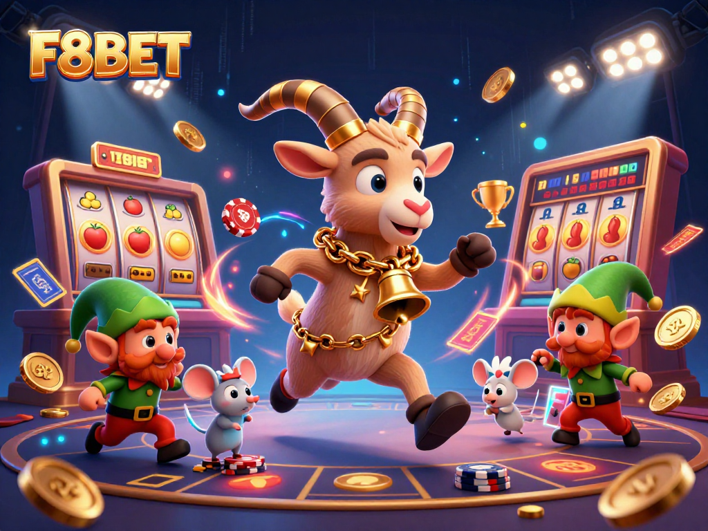 F8BET presents a lively casino scene featuring a Krampus goat and playful characters amidst dynamic slot gaming elements.