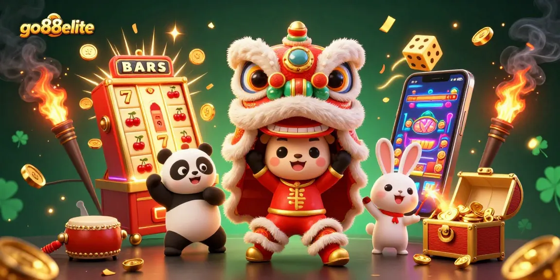 Experience the vibrant go88elite platform with a festive lion dance and slot explosion of winning rewards.