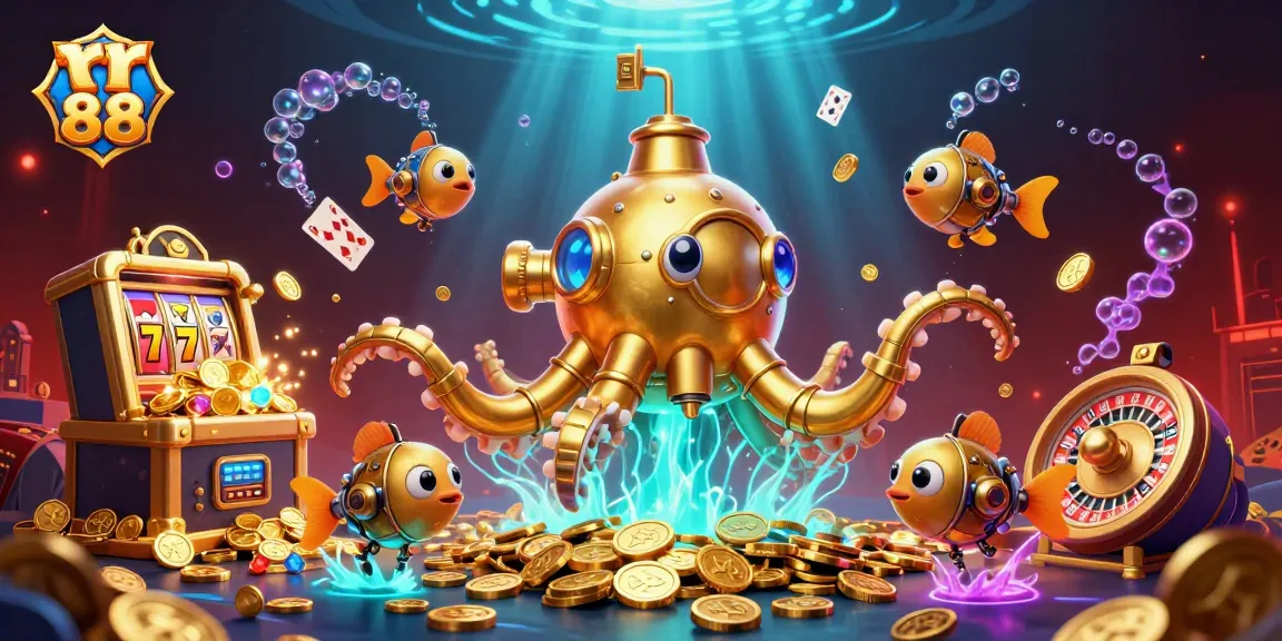 Experience the thrilling gameplay of rr 88 with an engaging scene featuring a golden kraken submarine amidst casino excitement.