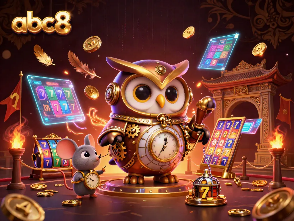Engage with abc8's exhilarating casino experience featuring vibrant 3D illustration of a time-traveling owl and slot games.