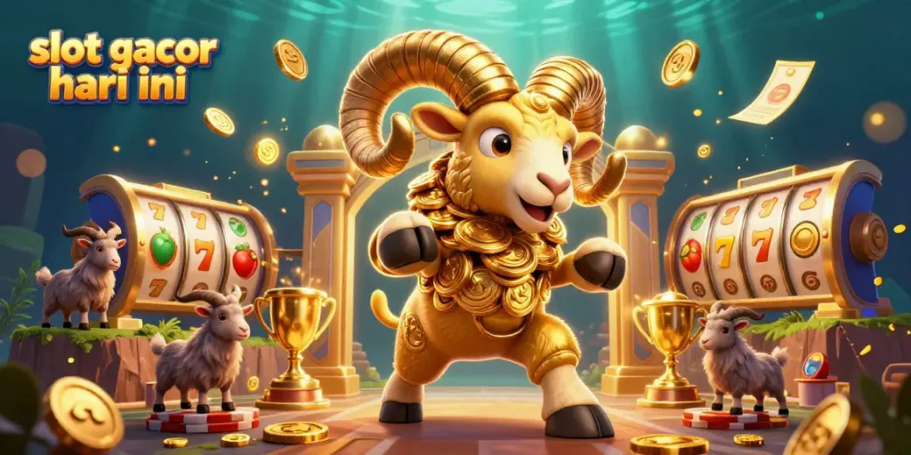 Menang di slot gacor hari ini dengan ilustrasi ram emas besar dan simbol slot berkilau.