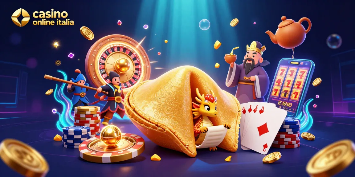Attiva il divertimento nel casino online Italia con un'immagine di un biscotto della fortuna e personaggi dinamici.