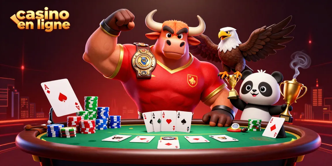 Découvrez les meilleurs casinos en ligne avec un taureau mascotte et un aigle, entourés de jetons de poker.