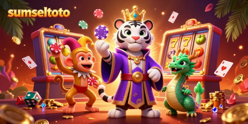 Sumseltoto's playful 3D characters entertain with vibrant casino elements, showcasing spinning slots and poker chips.