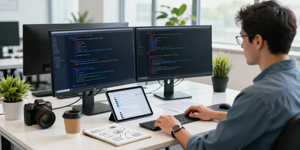 AI RSS feed summaries creation in a modern tech workspace with a software engineer focused on development.