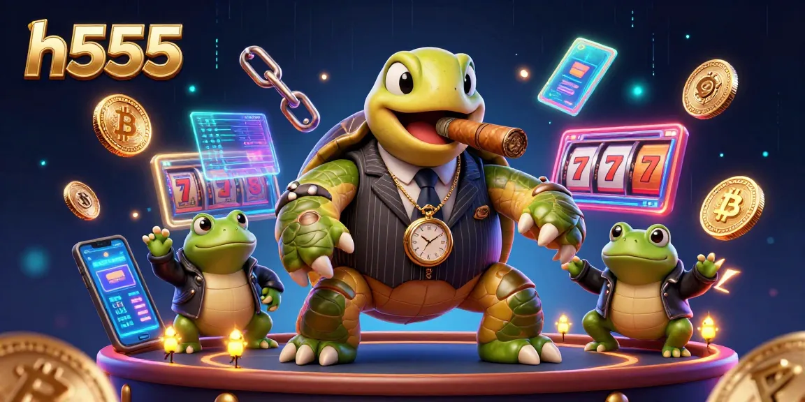 Bet on h555 with immersive visuals of a cartoon turtle mobster and vibrant casino elements.
