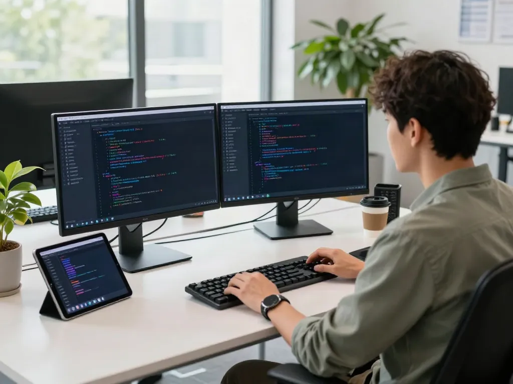 Developer using Brave浏览器 in a modern tech workspace with dual monitors and gadgets.