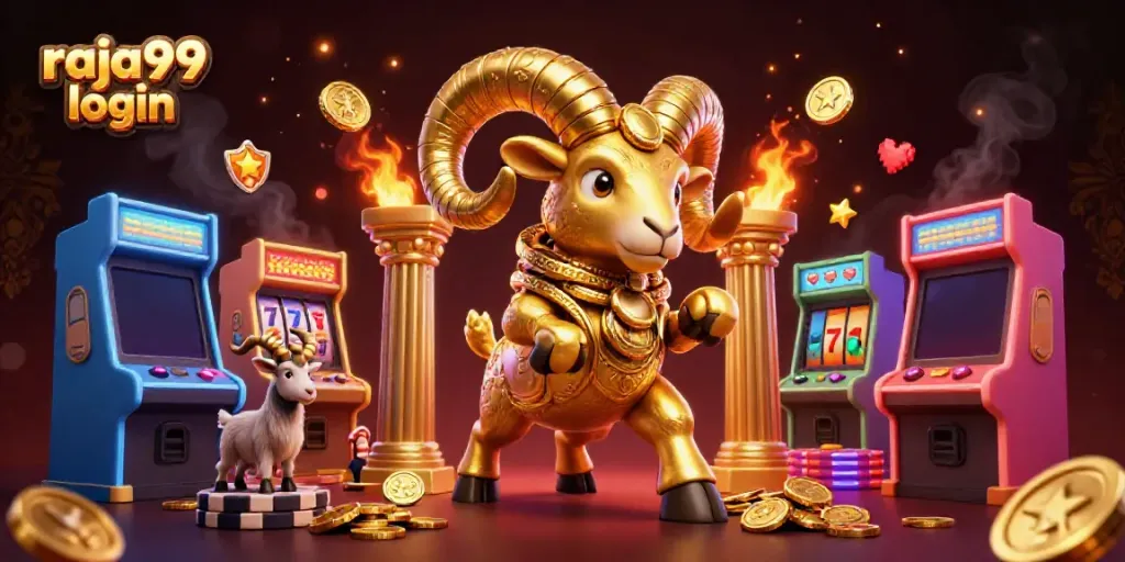 Experience the excitement of raja99 login with a golden ram battling at a casino entrance, full of vibrant game elements.