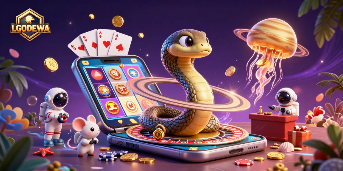 Engage with LGODEWA as gamers bet on a cosmic roulette scene, surrounded by vibrant slot highlights.