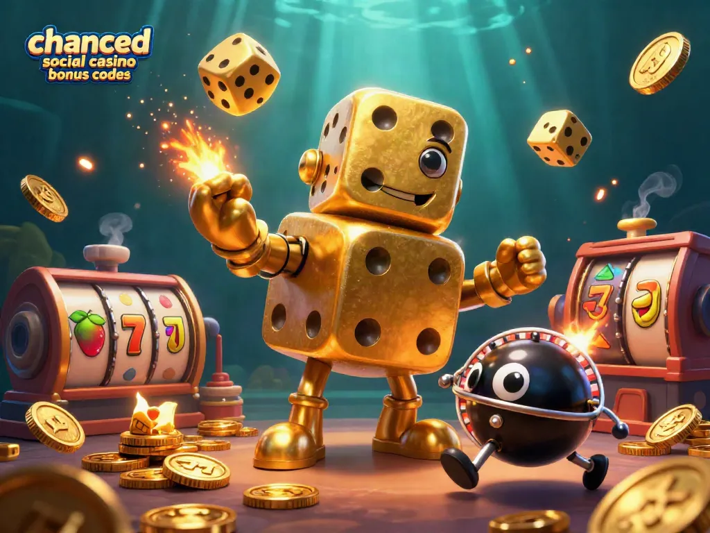 Experience the excitement of chanced social casino bonus codes in a vibrant 3D illustration filled with gaming elements.